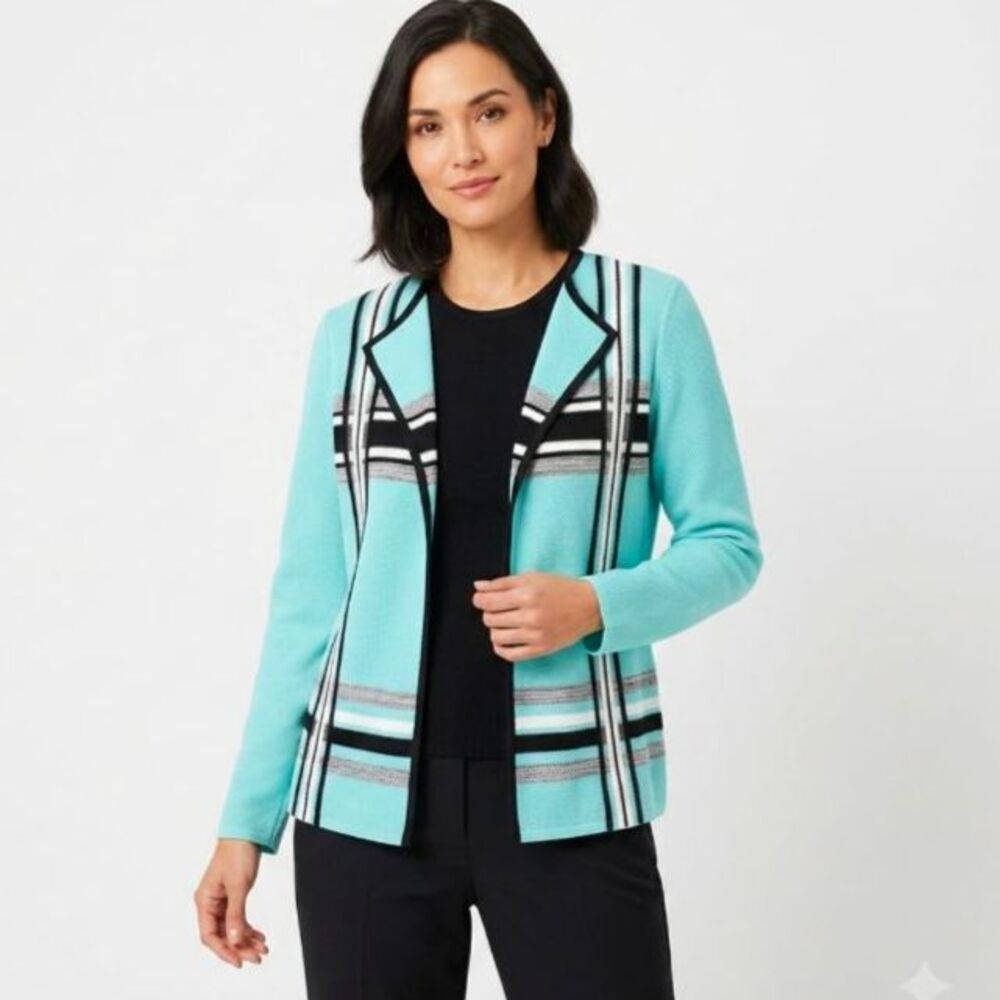 Ming Wang Women's NWOT Aqua Black Plaid Open Front Cardigan Sweater Blazer Sz S